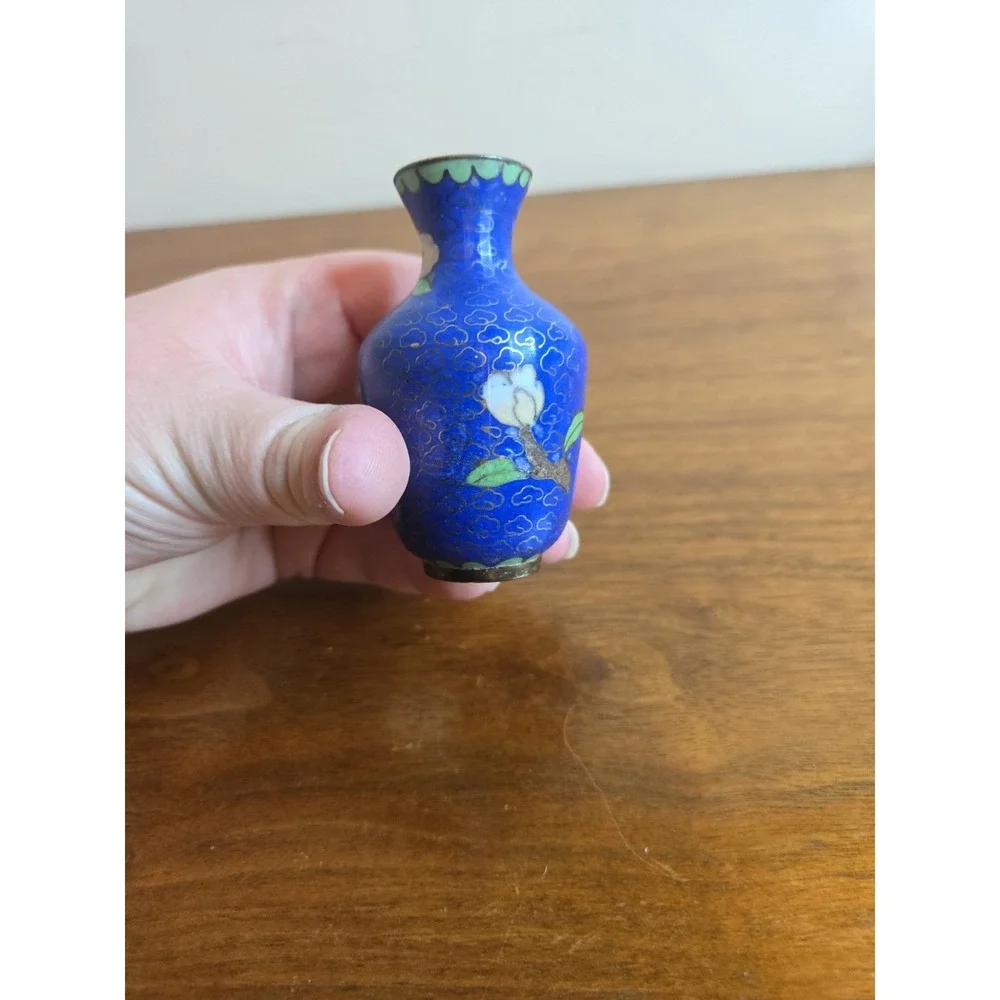 Vintage Cloisonne Mini Vase Asian Blue Floral Pink Metal Dollhouse Miniature 3
